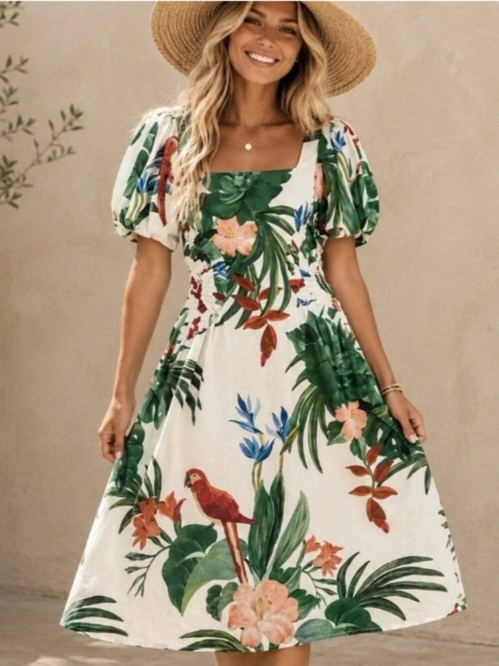FARM Rio Small NWT Macaw Fiesta Puff Sleeve Linen-Blend Dress Off White
